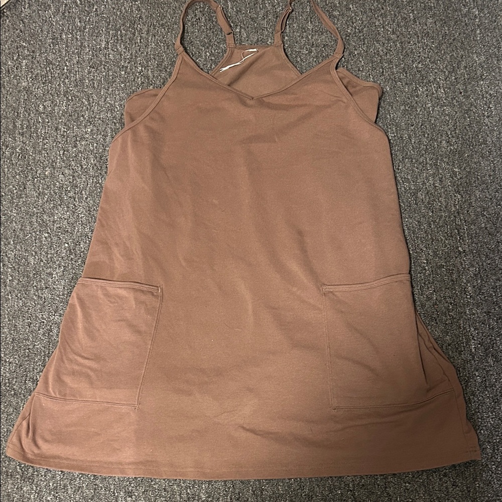Brown l Casual Tank Dress with Built in Romper Front Pockets Sz L